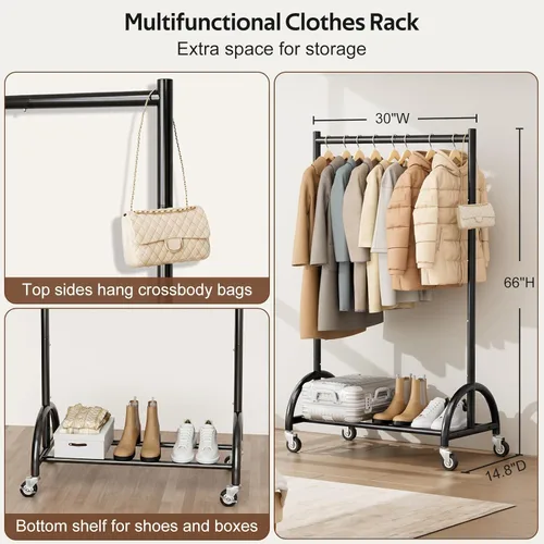 Miniatura 5 de MISSLO Perchero de ropa resistente con ruedas para colgar ropa, abrigos, ropa, vestidos, negro, 30 pulgadas de ancho