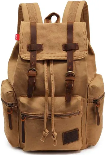 Miniatura 15 de HuaChen Mochila de viaje de lona vintage con ribete de cuero, funda acolchada para laptop, bolsillo de seguridad trasero oculto, se adapta a 14