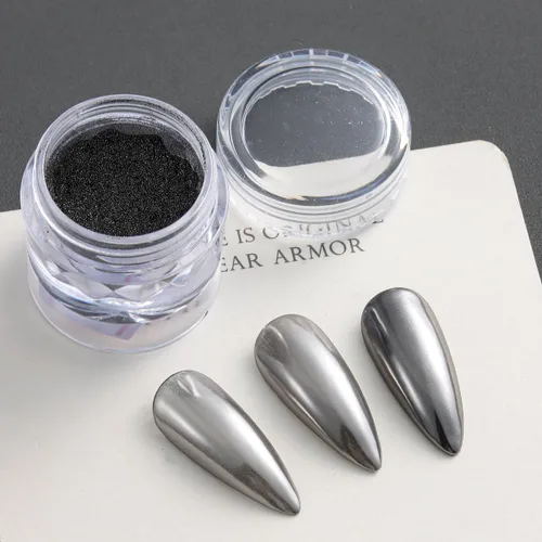 Miniatura 3 de Polvo de uñas cromado negro, 2 piezas de efecto espejo metálico negro para uñas, polvo extrafino con purpurina oscura, polvo para frotar, polvo