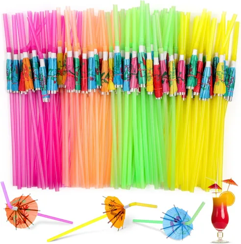 Paxcoo 100 popotes de paraguas – Pajitas hawaianas Luau para decoración de bebidas (colores surtidos)