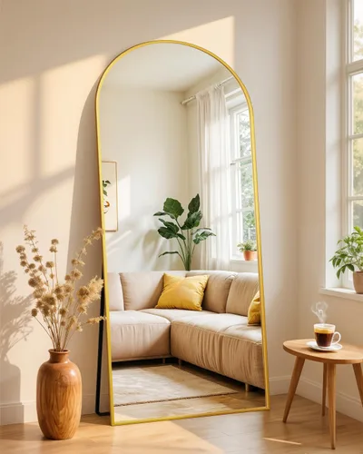 Miniatura 31 de Espejo de cuerpo entero con soporte, espejo arqueado de 58 x 18 pulgadas, espejo grande con marco de aluminio para colocar de pie, colgar o apoyar