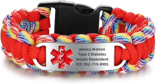 Miniatura 11 de Pulsera de alerta médica Paracord para hombres y mujeres Pulsera de identificación médica de acero inoxidable con hebillas de liberación lateral