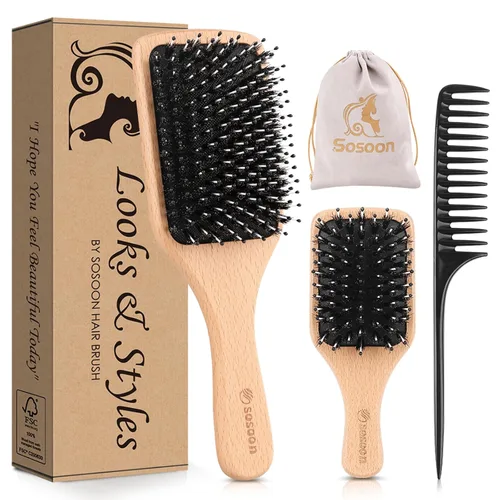 Cepillo de pelo, paquete de 2 cepillos de cerdas de jabalí para mujeres, hombres, niños, reducir el encrespamiento, no más enredos, cepillo de viaje