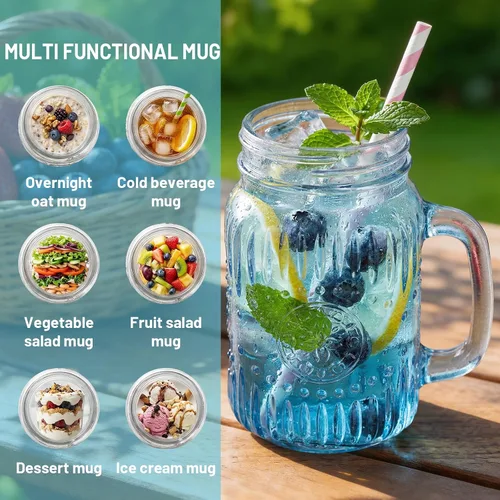 Miniatura 6 de SUT Mason Jar - Vasos para beber con asa, paquete de 6, 16 onzas, tazas de tarro azul en relieve vintage para café helado, jugo, té y cerveza