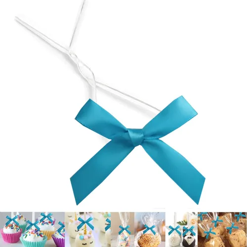 Miniatura 10 de 100 lazos preatados azul satinado de 3 pulgadas con lazos giratorios, bolsas de golosinas, paletas para pasteles y galletas