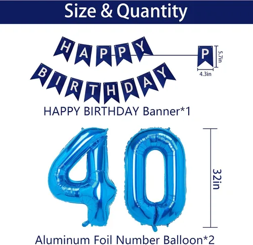 Miniatura 4 de Decoraciones de Cumpleaños Azules del 40, Decoraciones de Cumpleaños 40 Azul Marino para Hombres y Mujeres, Globos de Feliz 40 Cumpleaños Azul-a-40