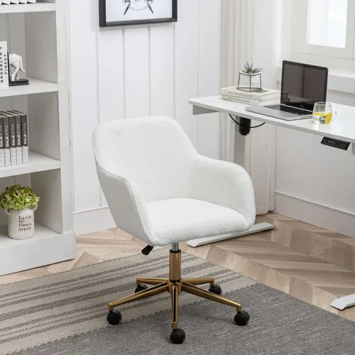 Miniatura 2 de Silla de tocador de piel sintética para oficina en casa con respaldo, altura de maquillaje rodante, color blanco con ruedas, escritorio mullido