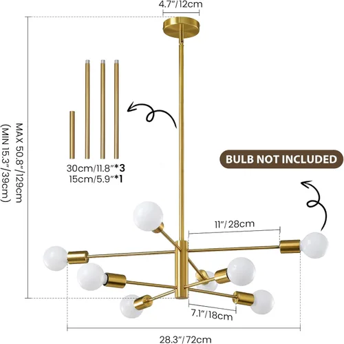 Miniatura 6 de KAISITE Lámpara de Araña Moderna Sputnik Luz de Techo 8 Luces Lámpara de Araña Dorada Luz de Comedor Sobre Mesa Altura Ajustable Lámpara de Araña