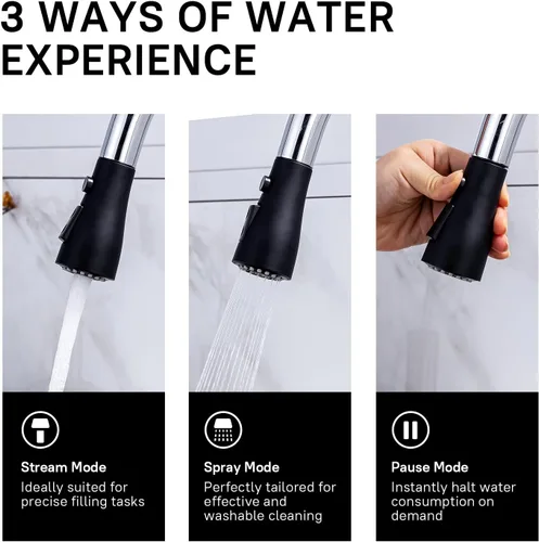 Miniatura 5 de WEWE Grifo de Fregadero de Cocina, Grifo de Cocina Extraíble, Grifo de Cocina Negro y Cromado con Rociador de Acero Inoxidable de Una Sola Manija