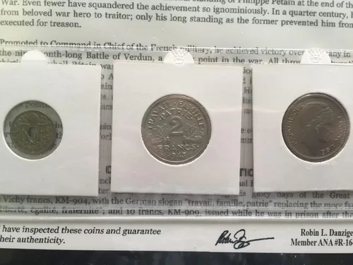 Miniatura 2 de 1943 No Mint Mark - Moneda francesa Verdún a Vichy Mariscal Petain Era SOA & Historia y Álbum Incluido 2 franco Feria del Vendedor