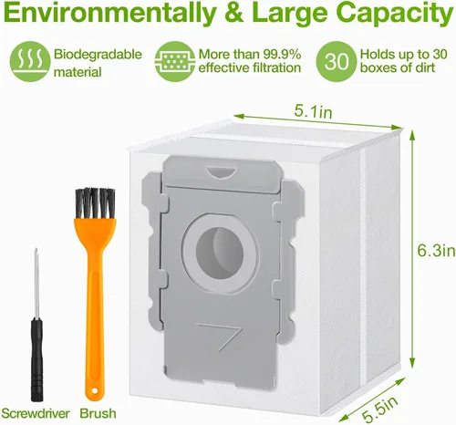 Miniatura 4 de Rowhalf Paquete de 8 bolsas de vacío, filtración eficaz de polvo, compatible con iRobot Roomba i& s & J Series, para i3+, i4+, i5+, i6+, J6+, i7