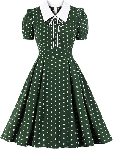 Elegante vestido vintage delgado para mujer, vestido de verano con solapa de lunares, vestido retro casual de manga corta