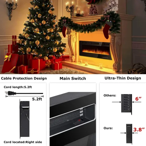 Miniatura 6 de Vitesse Chimenea eléctrica ultrafina de 50 pulgadas, con bisel estrecho, calentador de chimenea lineal empotrado en la pared, control remoto