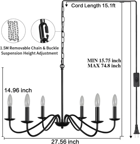 Miniatura 6 de LASENCHOO Lámpara de araña con enchufe negra de 6 luces Lámpara colgante con enchufe Luces colgantes con cable de enchufe de 15.1 pies