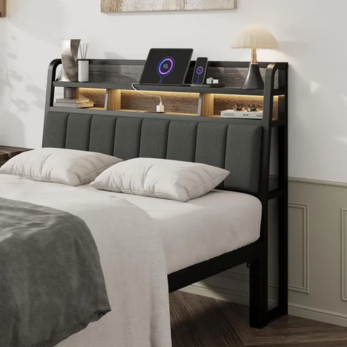 Miniatura 9 de Cabecera completa solo con almacenamiento, cabeceros tapizados para cama de tamaño matrimonial con luz LED, estación de carga, altura ajustable