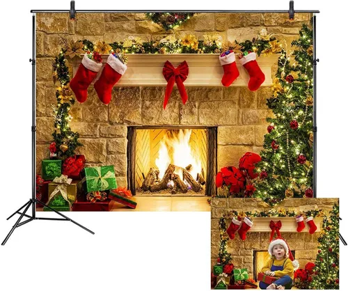 Miniatura 12 de LB Telones de fondo de chimenea de Navidad para fotografía de 5 x 3 pies, calcetines de árbol de Navidad, regalos de Año Nuevo, para niños