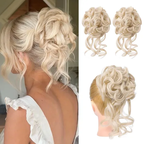 Miniatura 16 de HOOJIH 2 piezas de moño despeinado, recogido despeinado con mechones, extensiones de moño de cabello ondulado rizado, envoltorio de cabello, cola