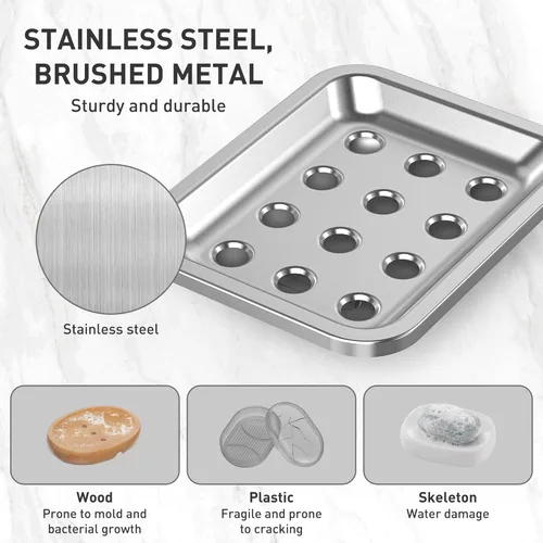 Miniatura 3 de Jabonera de acero inoxidable, soporte grande de doble capa para jabón, jabonera de metal para baño, ducha, cocina y encimeras de fregadero
