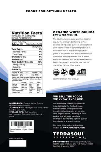 Miniatura 2 de Terrasoul Superfoods Quinoa blanca orgánica, 2 libras - Prelavada Sin gluten Proteína vegetal
