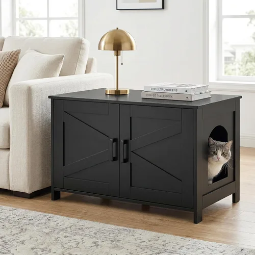 Miniatura 8 de Caja de arena para gatos Homhedy, mueble de baño de madera para gatos con puerta de granero, casa para mascotas, se adapta a la mayoría de las cajas