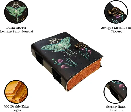 Miniatura 4 de AL HAZZA - Diario de cuero del libro de hechizos, diario de grimorio con motivo de luna y mariposa Morpho, cuaderno Wiccan vintage antiguo