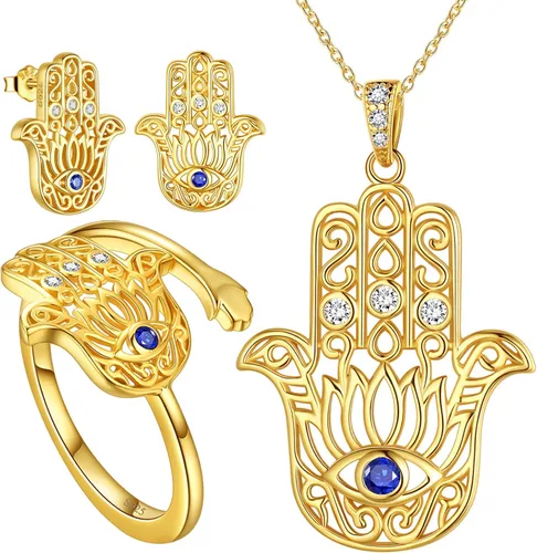 Evil Eye Hamsa Hand of Fatima Lotus Yoga Buddha AnilloPendientesColgante Collar de Plata de Ley 925 Plata de Ley 925 Chapado en Oro de 18 KtOro Rosa