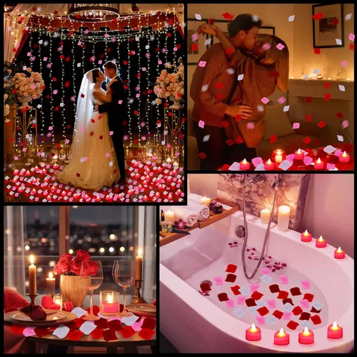 Miniatura 3 de Honoson 1000 pétalos de rosa artificiales con 24 velas LED en forma de corazón sin llama, velas especiales románticas para decoración nocturna