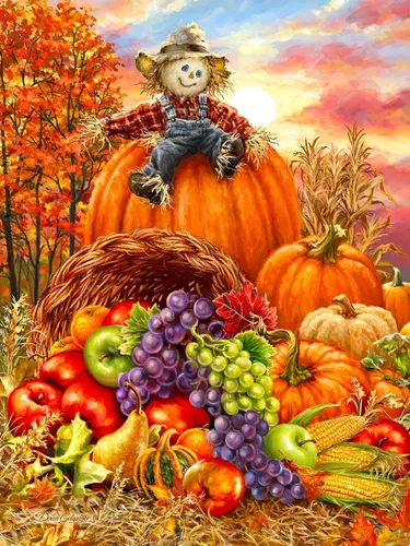 Springbok - Harvest Cornucopia - Rompecabezas de 500 piezas - Ilustración colorida de calabaza, espantapájaros y cornucopia de Acción de Gracias