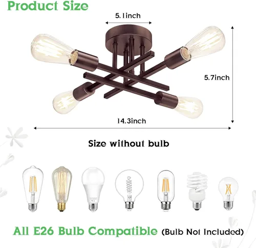 Miniatura 2 de Lámpara de techo semiempotrada dorada, lámpara de araña industrial moderna Sputnik de 4 luces, lámpara de techo empotrada para cocina, dormitorio