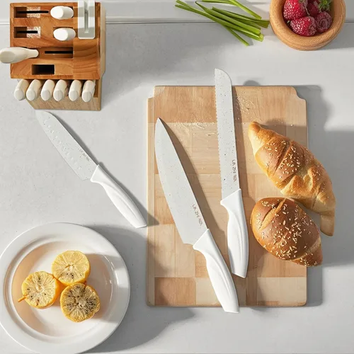 Miniatura 7 de Juego de cuchillos de 15 piezas, juego de bloques de cuchillos de cocina, juego de cuchillos de acero inoxidable blanco con afilador para picar