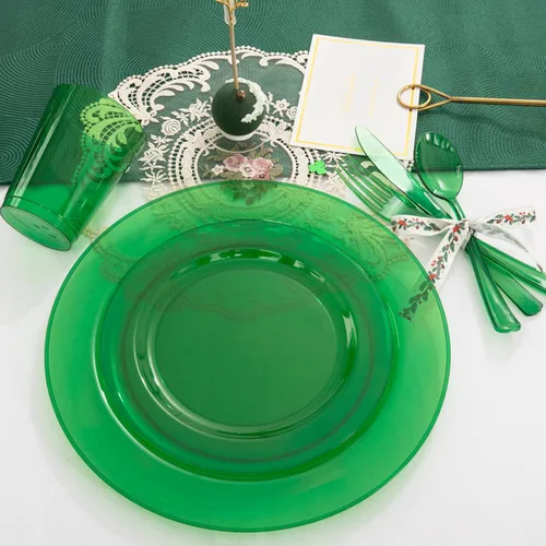 Miniatura 6 de COLOSUS 216 platos de plástico verde, platos verdes elegantes, los platos desechables verdes incluyen 36 platos llanos, 36 platos de postre, 108