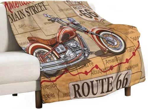 Miniatura 54 de Manta de motocicleta antigua, rústica y clásica, con temática de auto clásico, ruta de EE. UU., 66, patrón impreso, manta de franela súper suave
