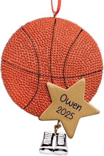 Miniatura 7 de Adorno de Navidad personalizado de baloncesto 2026 Bola B con estrellas doradas y aro de canasta para árbol de Navidad Recuerdo único