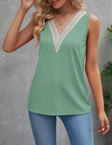 Miniatura 2 de TECREW Camiseta sin mangas con cuello en V y ribete de encaje para mujer, blusa holgada de verano