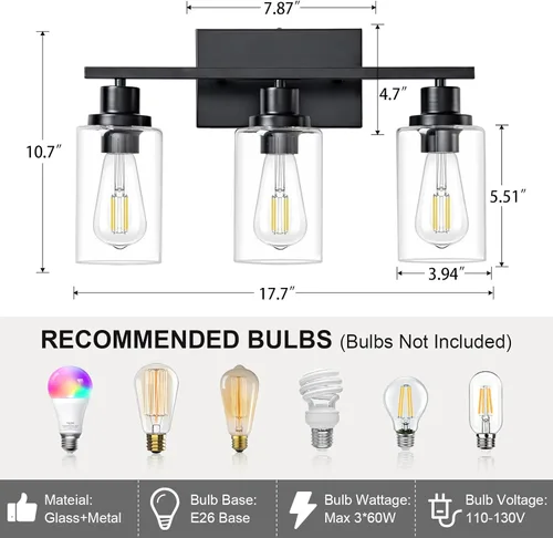 Miniatura 3 de Lámparas de Baño de 3 Luces Negras para Vanidad Sobre Espejo Apliques de Pared de Iluminación Moderna de Casa de Campo Lámpara de Pared Industrial