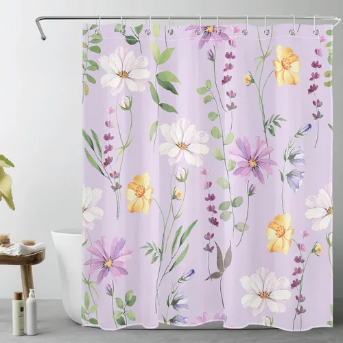 Miniatura 38 de Cortina de ducha de flores silvestres amarillas, moradas, florales y verde salvia con hojas de eucalipto sobre blanco, juego de cortina de ducha