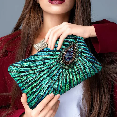 Miniatura 7 de BWKUNOLF Bolsos de mano de lentejuelas con cuentas de pavo real para fiesta y boda