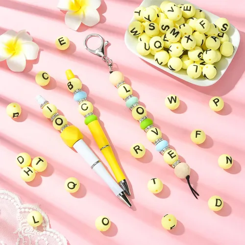 Miniatura 4 de 26 cuentas de silicona con letras de 0.59 pulgadas para hacer llaveros, cuentas focales redondas de silicona A-Z para bolígrafos, pulseras, collares