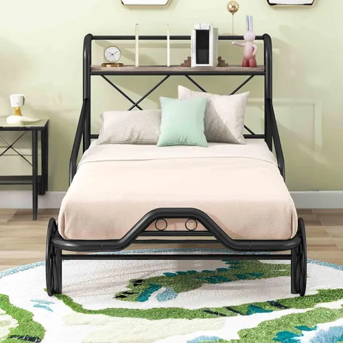 Miniatura 7 de Cama individual para automóvil con 4 ruedas, barandillas, estante de almacenamiento para niños, adolescentes, niños y niñas, marco de cama