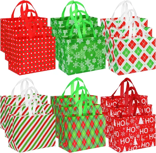 Sanwuta 24 Bolsas de Navidad a Granel para Regalos 12.8 x 9.8 x 6.7 Pulgadas Bolsas Grandes de Transporte para Comestibles con Asas Rojas Verdes a