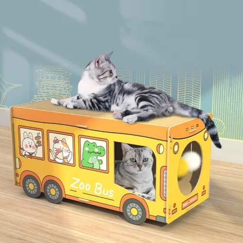 Miniatura 2 de SHENGOCASE Casa rascador de madera Jumbo de 26.4 x 11.8 pulgadas con forma de autobús extra grande para Maine Coon, casa de cartón para gatos