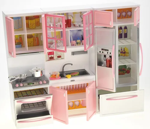Miniatura 4 de PowerTRC Juego de juguetes de cocina para muñecas, mini juguete moderno rosa, muebles de cocina, juego de accesorios con luz y sonido realistas