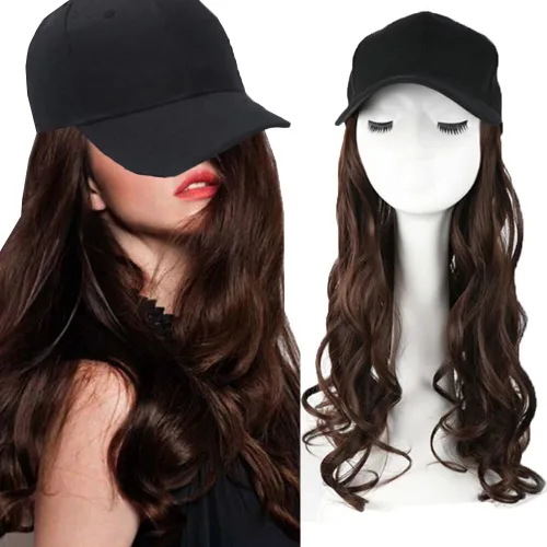 Miniatura 25 de Extensiones de cabello sintético Bobo corto con gorra de béisbol negra de 9 pulgadas, peluca con gorro de cabello negro y marrón para mujer, peluca