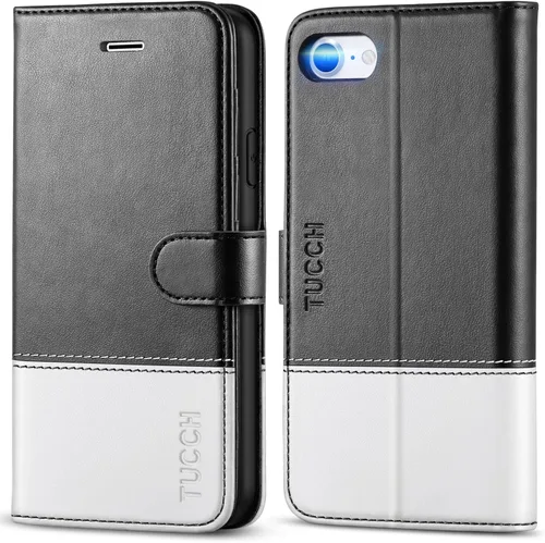 Miniatura 17 de TUCCH Funda tipo cartera para iPhone SE 2022/SE 2020/iPhone 8/7, tarjetero con función atril de piel sintética, magnética, funda protectora de Negro