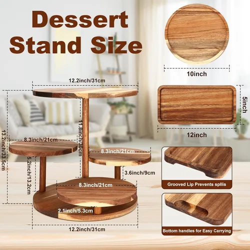 Miniatura 3 de Hushee Juego de 4 soportes redondos de madera para cupcakes con bandejas para servir, bandeja de madera de 4 niveles para pasteles con 1 plato