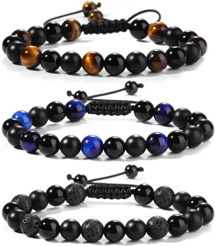 Miniatura 31 de Pulseras de cuentas negras para hombres y niños: 0.236 in de obsidiana ónix cuentas de lava para hombre conjunto de pulseras para hombre - Genial