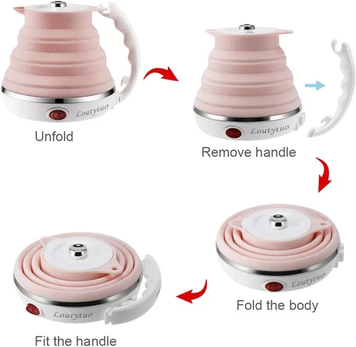 Miniatura 2 de Hervidor eléctrico plegable de viaje de silicona de grado alimenticio ultrafino mejorado, protección contra hervir en seco, portátil con doble Rosa