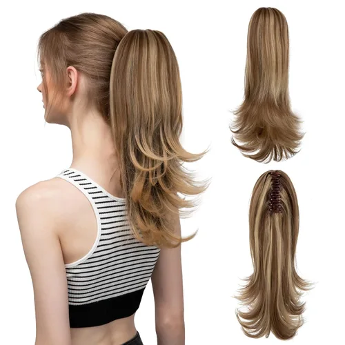 Miniatura 24 de CJL HAIR - Extensión de cola de caballo con clip de garra corto, cordón elástico, cabello rizado falso, balayage, pieza de cabello sintético, fibra