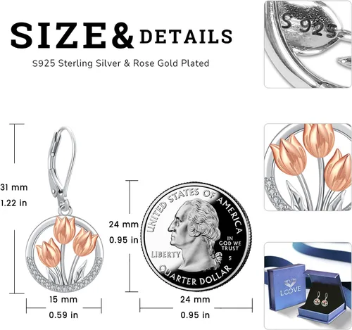 Miniatura 296 de Aretes colgantes de plata de ley con diseño de árbol de la vida, flor, abeja, animales, gato, colibrí, piedra lunar, turquesa, aretes con cierre