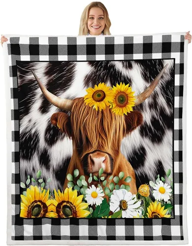 Bonita manta de vaca de las tierras altas, mantas de girasol para niños y adolescentes, manta de forro polar a cuadros con estampado de piel de vaca